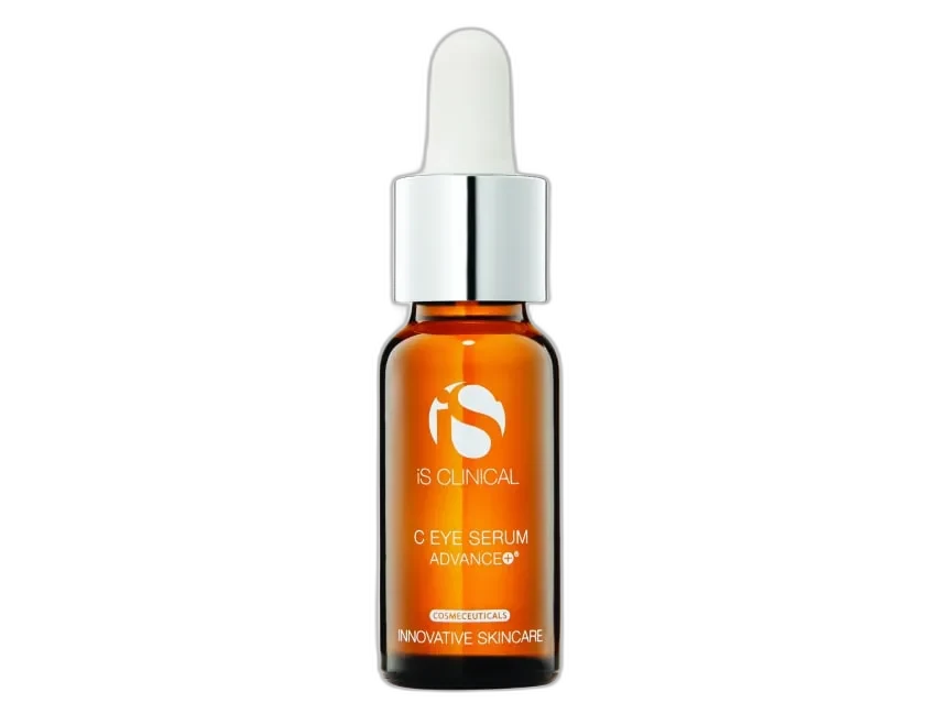 iS Clinical C Eye Serum Advance+ frosted glass bottle with dropper