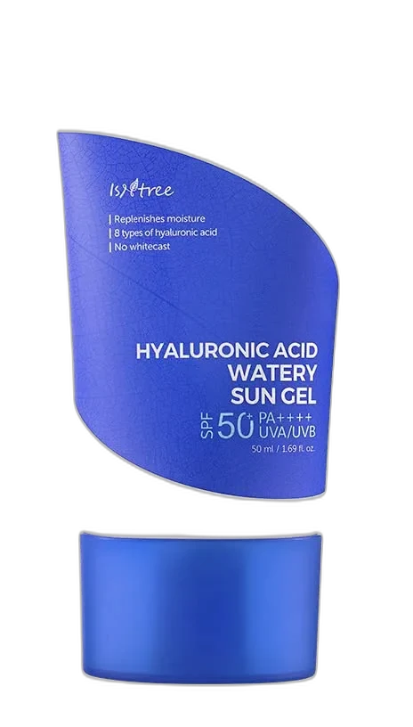 Isntree Hyaluronic Acid Watery Sun Gel SPF 50+ 50ml squeeze tube on white background