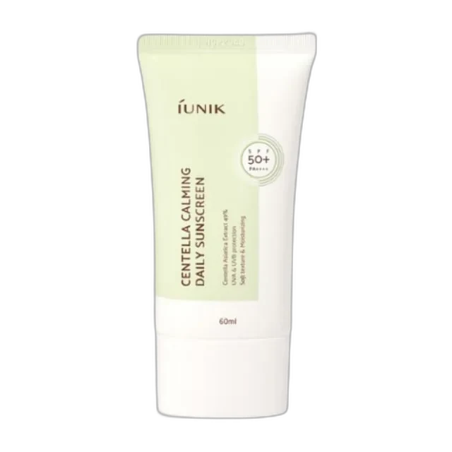 IUNIK Centella Calming Daily Sunscreen SPF 50+ in a white squeeze tube with green and black branding