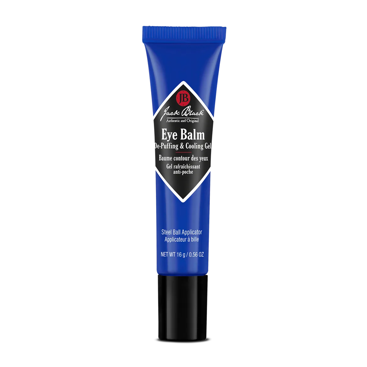 Jack Black Eye Balm De-Puffing & Cooling Gel tube with rollerball applicator