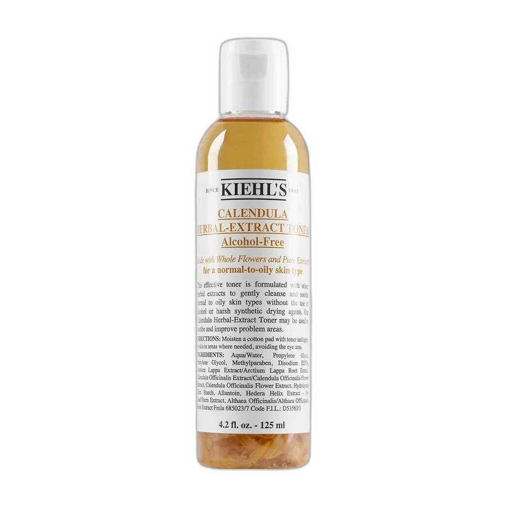 Kiehl's Calendula Herbal-Extract Alcohol-Free Toner bottle with visible calendula flower petals