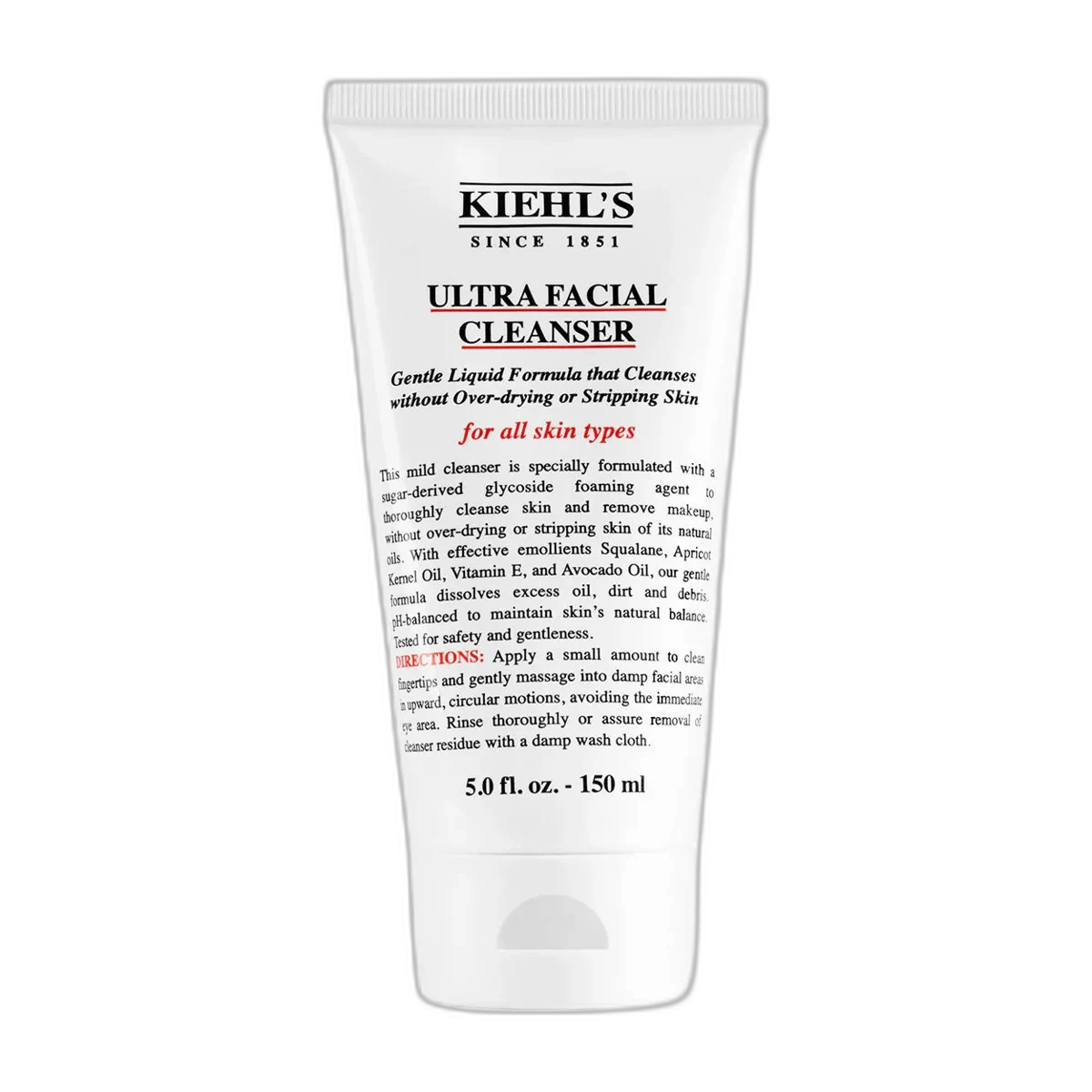 Kiehl's Ultra Facial Cleanser in a clear squeeze tube with signature Kiehl's apothecary-style label