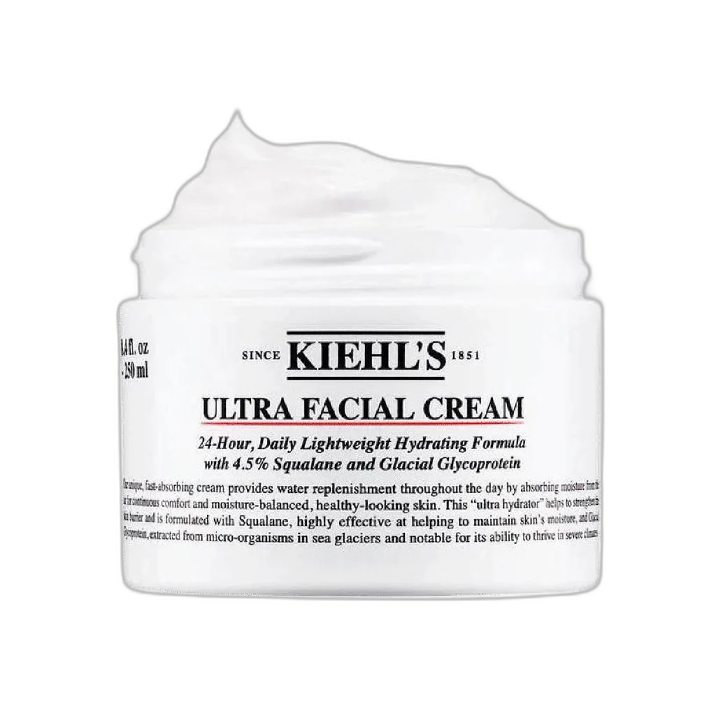 Kiehl's Ultra Facial Cream with Squalane in a white jar with the signature Kiehl's apothecary label