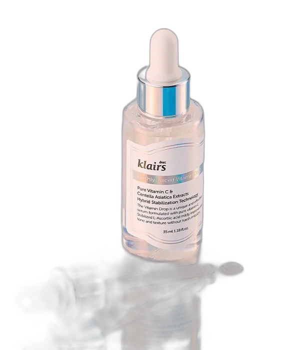 Klairs Freshly Juiced Vitamin C Drop serum in a dark amber glass dropper bottle