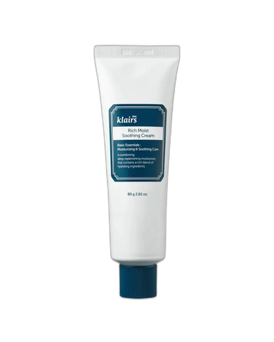 Klairs Rich Moist Soothing Cream in a white tube with brand labeling