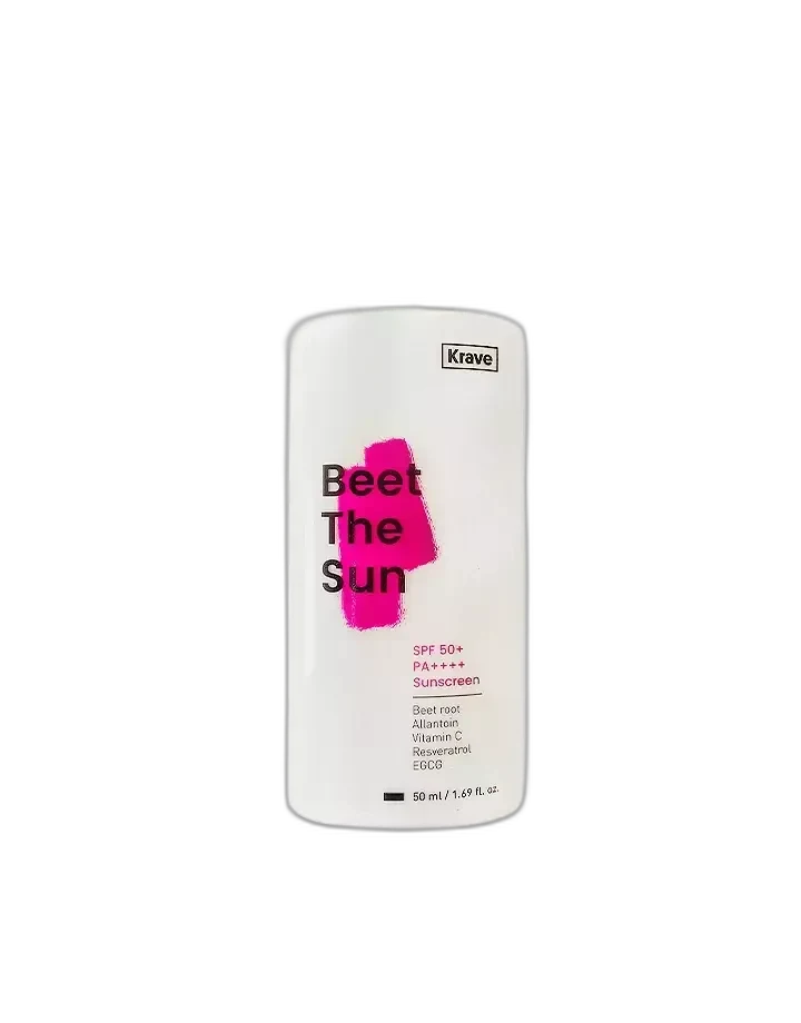 Krave Beauty Beet The Sun SPF 50 PA++++ lightweight sunscreen tube with green branding