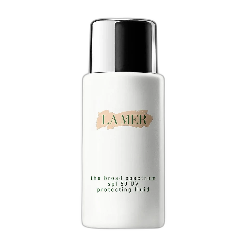 La Mer The Broad Spectrum SPF 50 UV Protecting Fluid in a white pump bottle