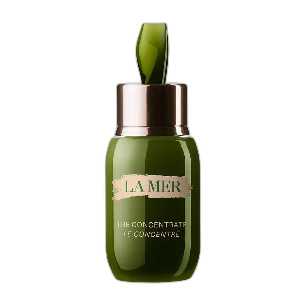 La Mer The Concentrate in a glass dropper bottle with silver and white branding