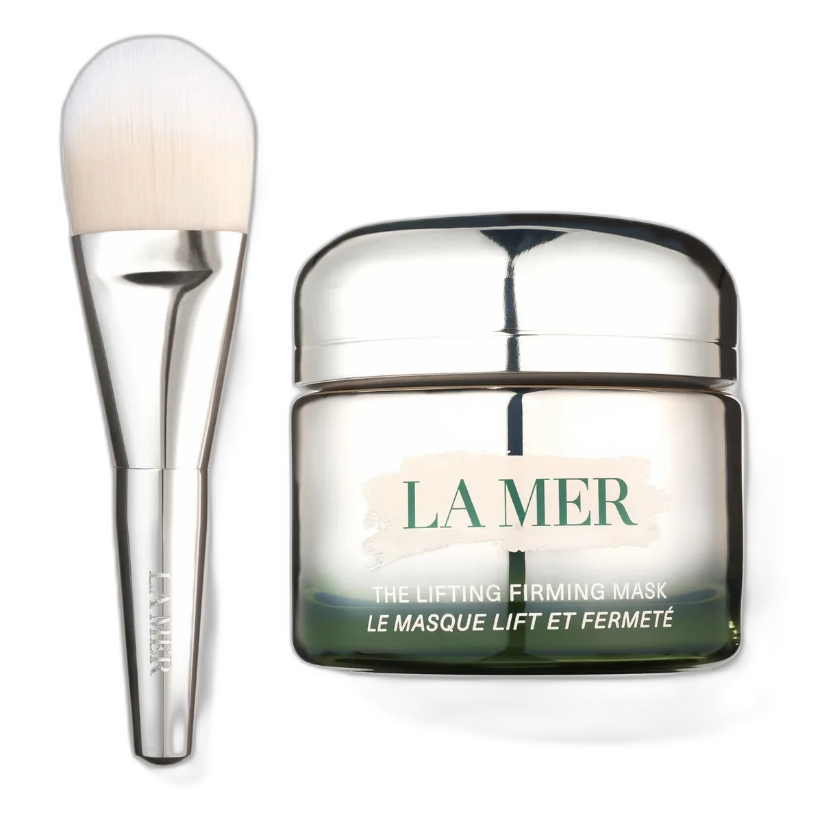La Mer The Lifting & Firming Mask in a frosted glass jar with silver lid