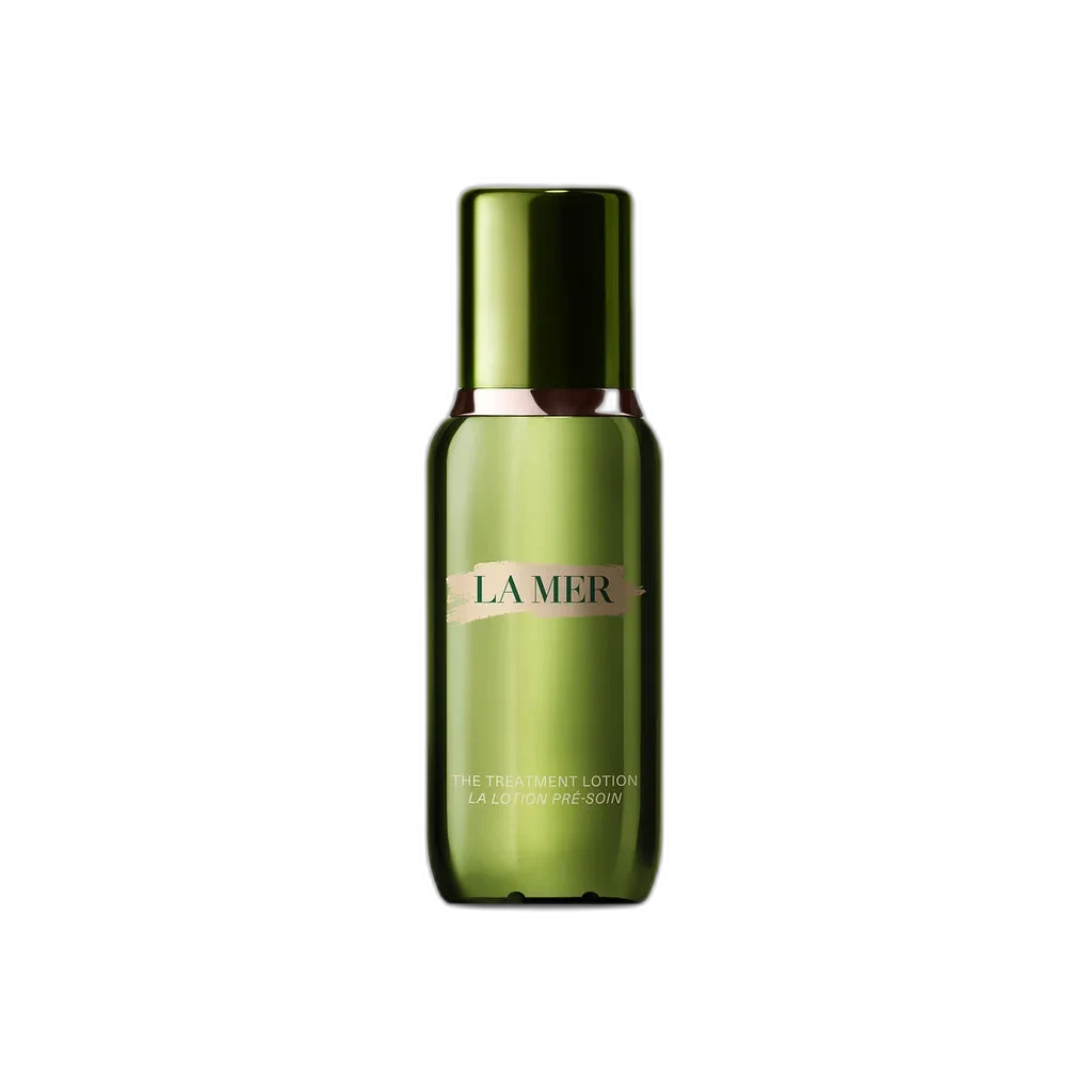 La Mer The Treatment Lotion in a deep green glass bottle with controlled-pour opening