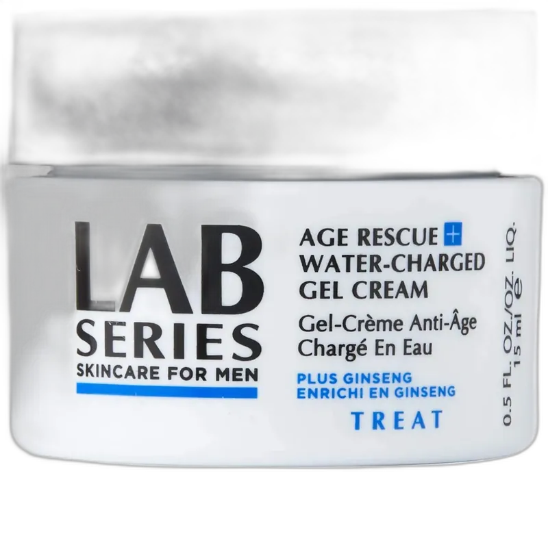 Lab Series Age Rescue Water-Charged Gel Cream in a dark glass jar with screw-top lid