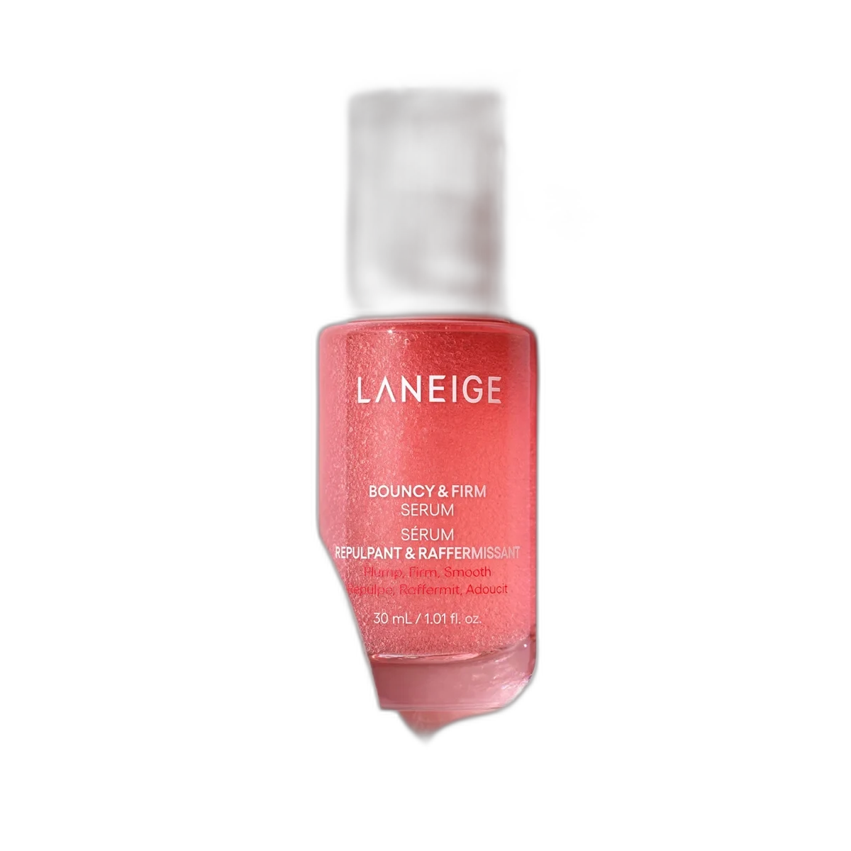 Laneige Bouncy & Firm Serum in a pink gradient glass bottle with pump dispenser