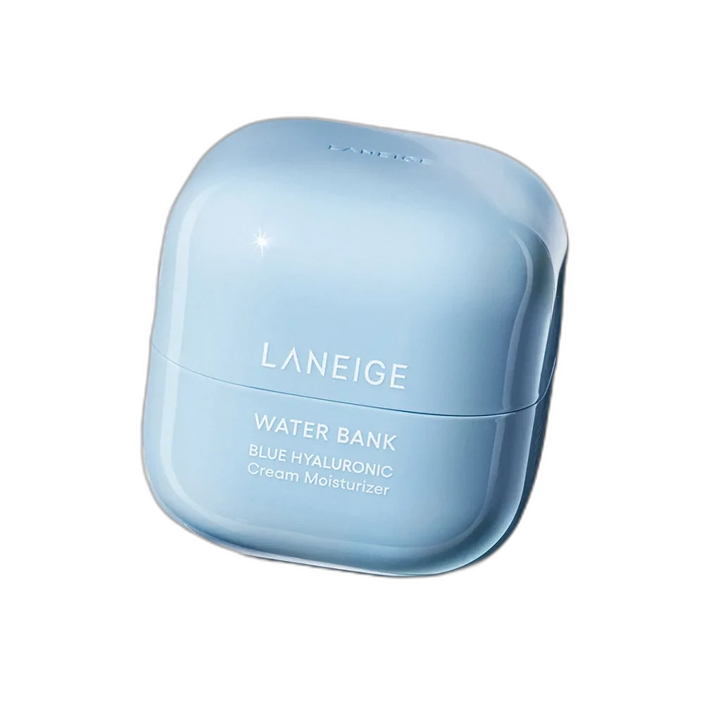 Laneige Water Bank Blue Hyaluronic Cream Moisturizer in a blue and white refillable jar