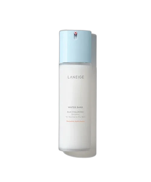 Laneige Water Bank Blue Hyaluronic Emulsion bottle with pump dispenser in blue and white packaging