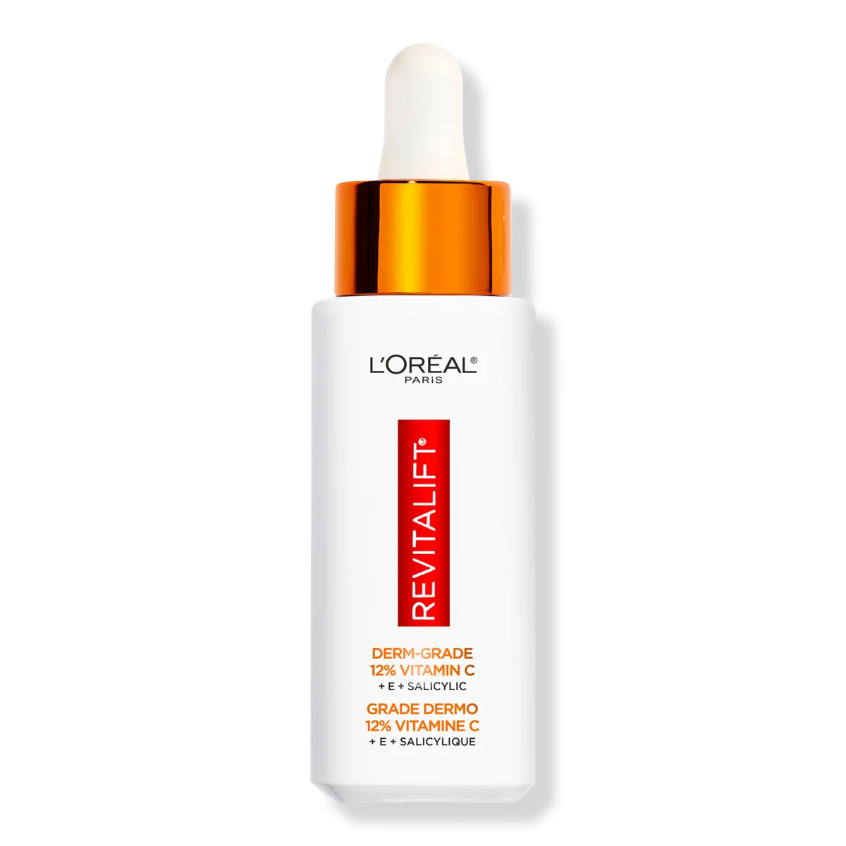 L'Oréal Paris Bright Reveal 12% Vitamin C + E + Salicylic Acid Serum in a dark glass dropper bottle