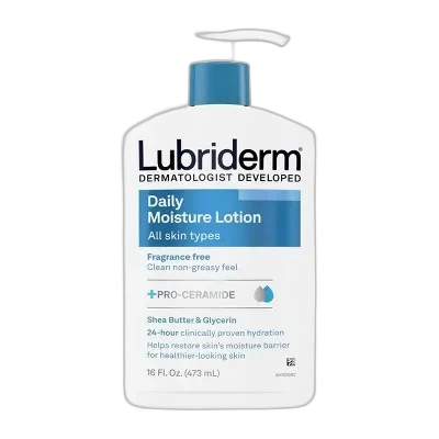 Lubriderm Daily Moisture Hydrating Body Lotion Fragrance-Free in a green and white pump bottle