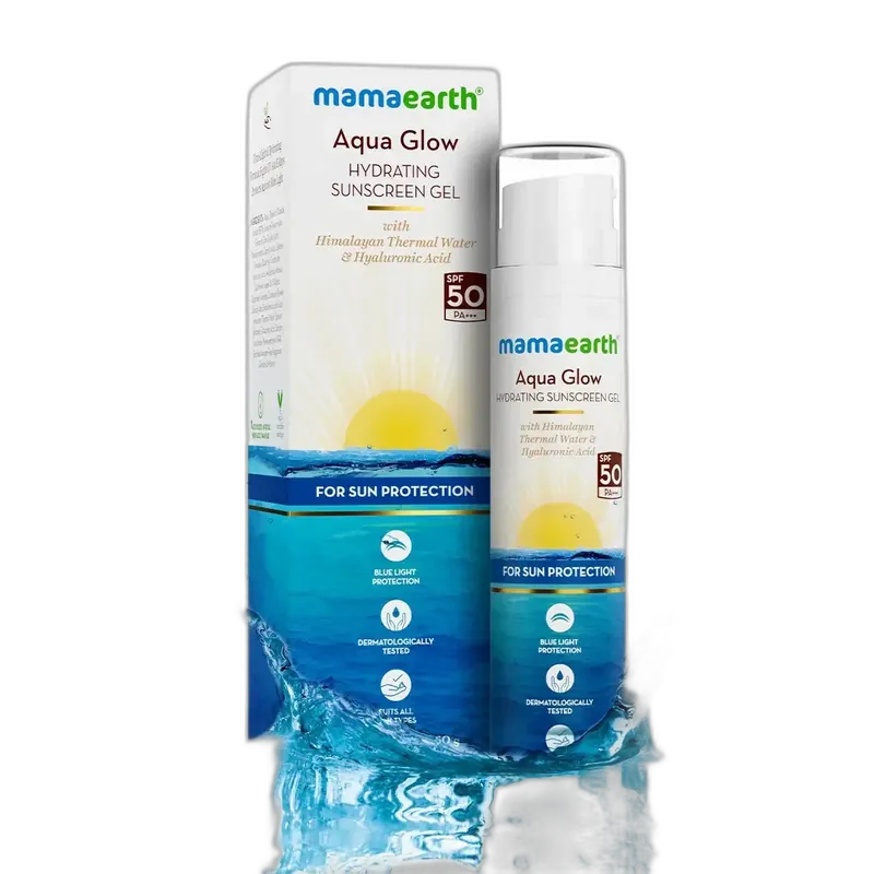 Mamaearth Aqua Glow Gel Sunscreen SPF 50 50g teal and white squeeze tube