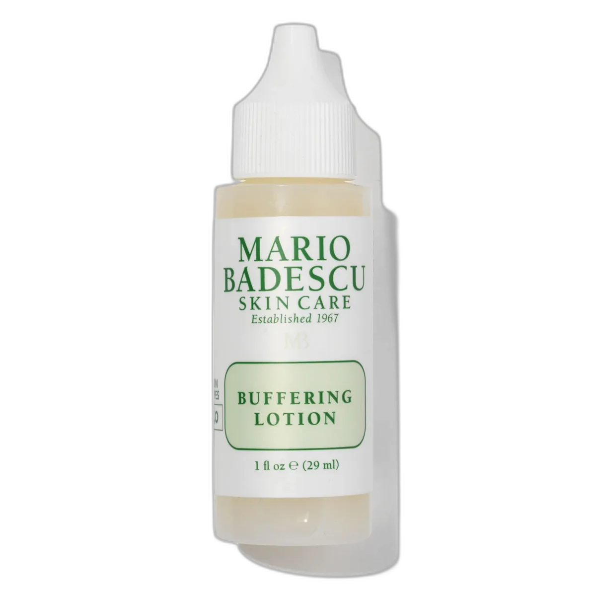 Mario Badescu Buffering Lotion glass bottle with white liquid suspension for cystic acne spot