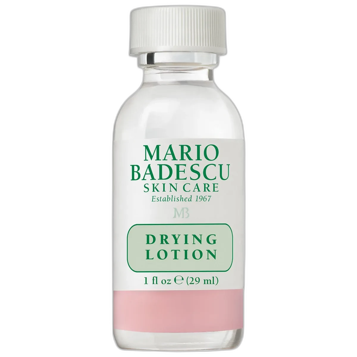 Mario Badescu Drying Lotion glass bottle showing iconic two-phase design with clear liquid