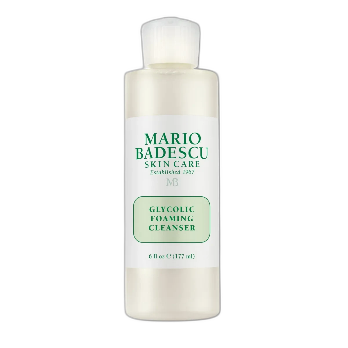 Mario Badescu Glycolic Foaming Cleanser in a white squeeze tube with green text