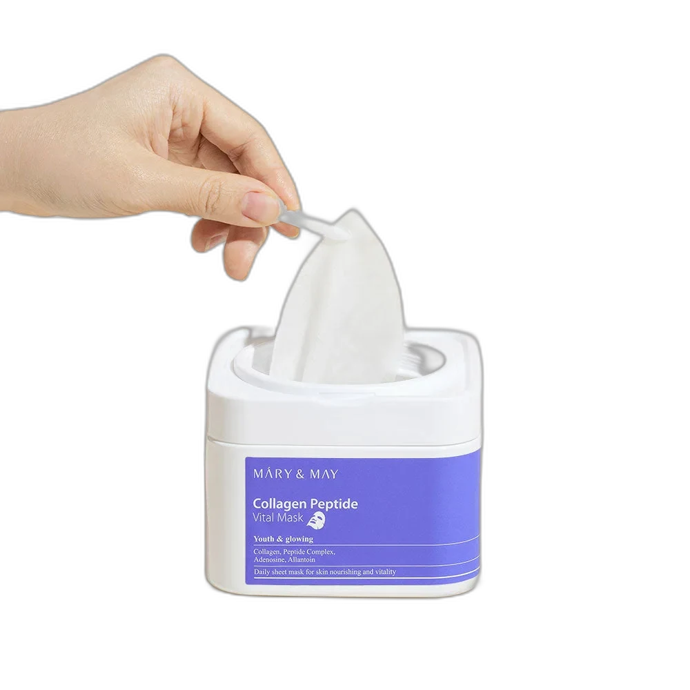 Mary and May Collagen Peptide Vital Mask 30 sheet pull-out tub with tweezer