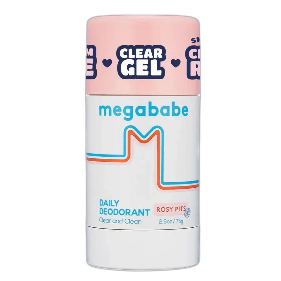 Megababe Rosy Pits Daily Deodorant stick in pink and white packaging