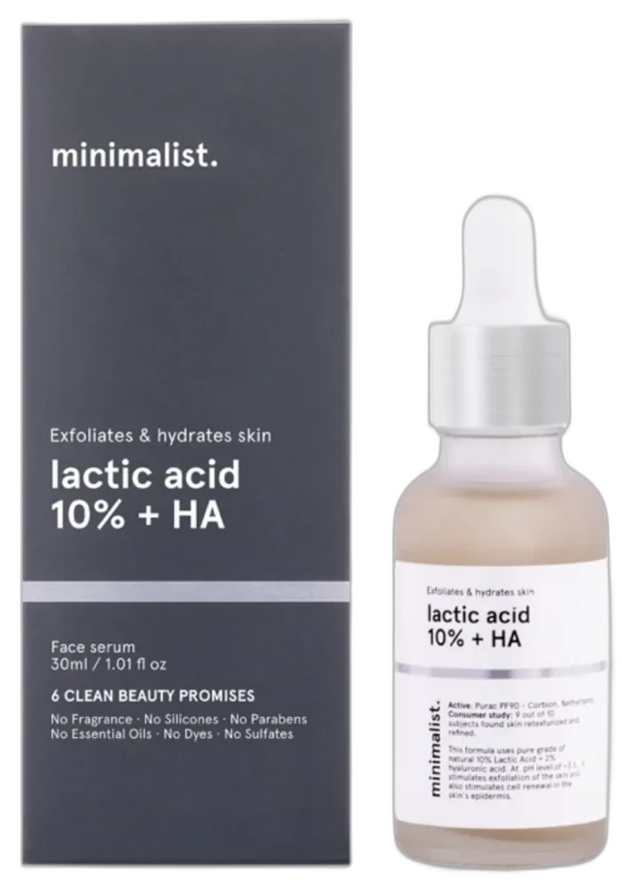 Minimalist 5% Lactic Acid + HA Exfoliating Face Serum 30ml amber glass dropper bottle