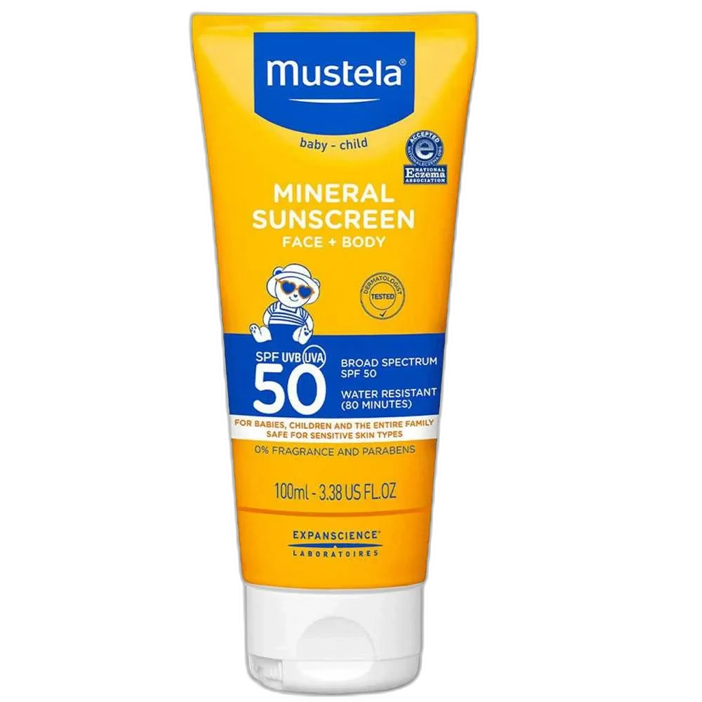Mustela Very High Protection Mineral Sunscreen SPF 50 in a white tube with yellow accents