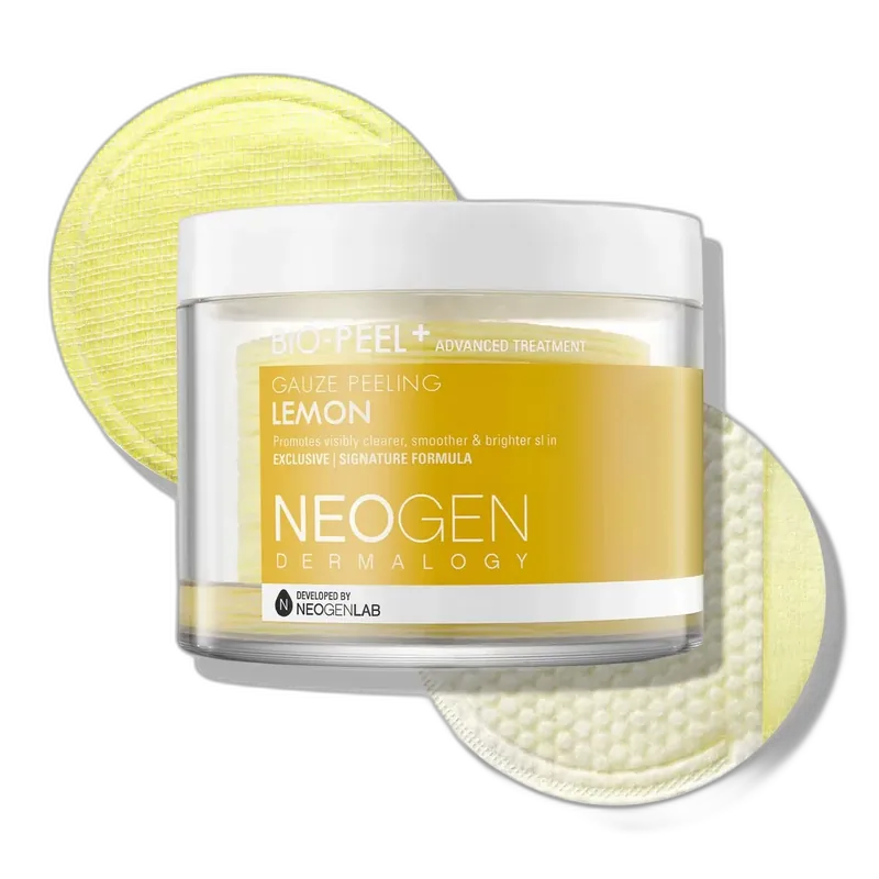 Neogen Bio-Peel Gauze Peeling Lemon in a round yellow tub with 30 presaturated cotton gauze pads