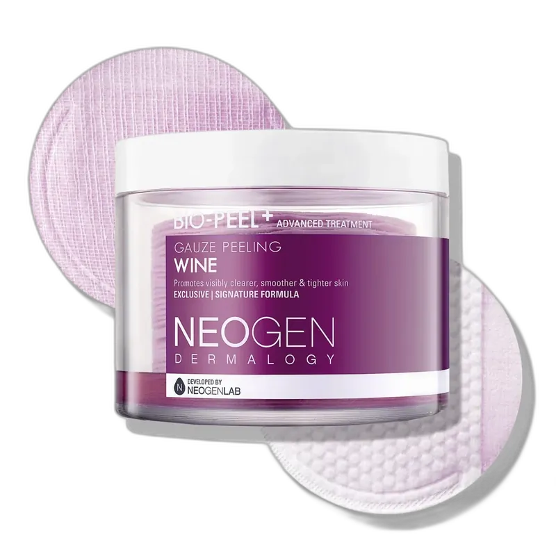 Neogen Bio-Peel Gauze Peeling Wine in a round purple-labeled tub with 30 presaturated cotton