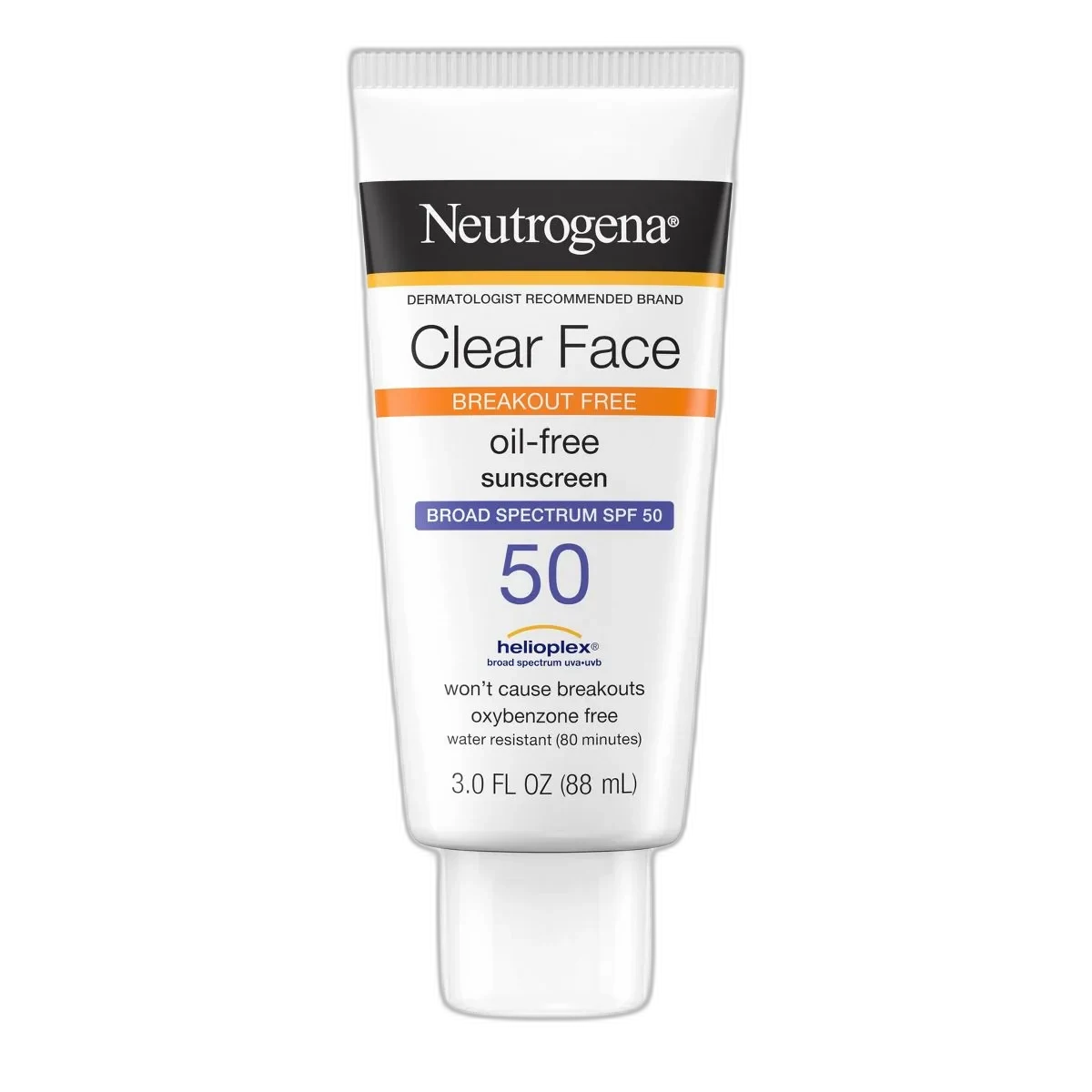Neutrogena Clear Face Break-Out Free Liquid Lotion Sunscreen SPF 50, white and blue squeeze tube