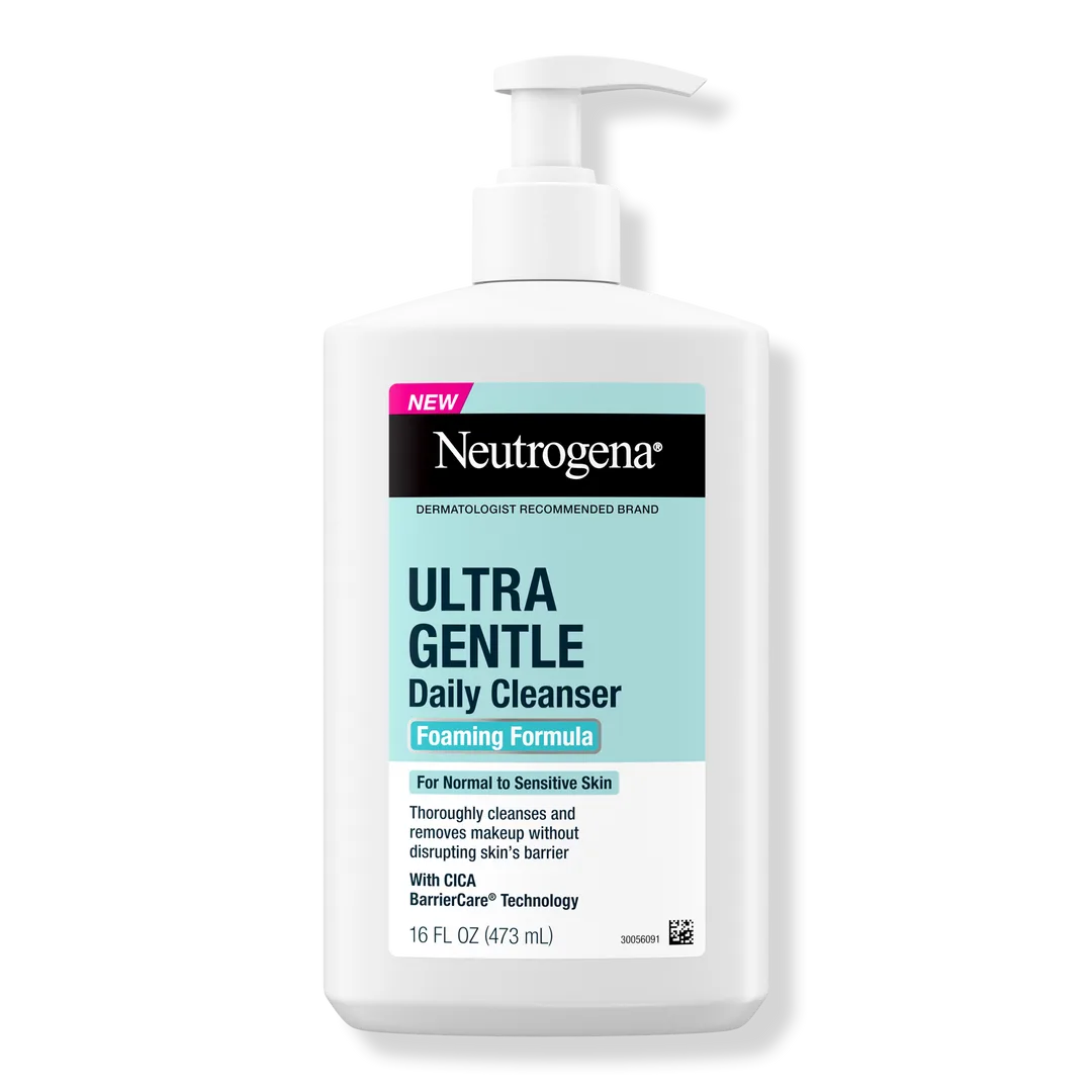 Neutrogena Ultra Gentle Daily Cleanser fragrance-free foaming formula in translucent plastic bottle