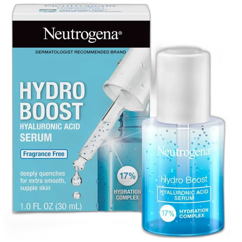 Neutrogena Hydro Boost Hyaluronic Acid Serum, blue and white glass bottle with dropper