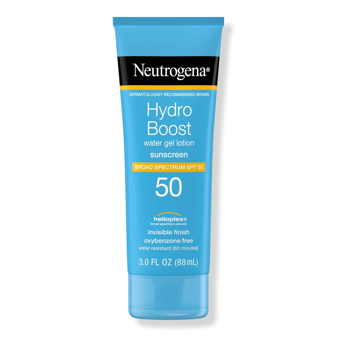 Neutrogena Hydro Boost Water Gel Lotion Sunscreen SPF 50, blue and white squeeze tube