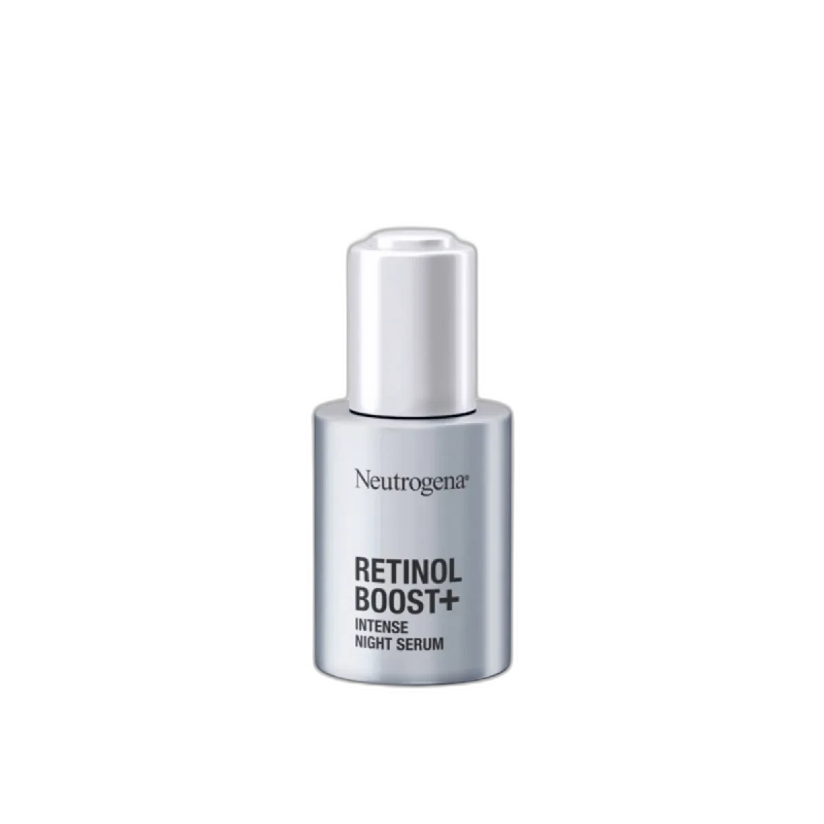 Neutrogena Retinol Boost+ Intense Night Serum, dark blue glass bottle with gold pipette dropper