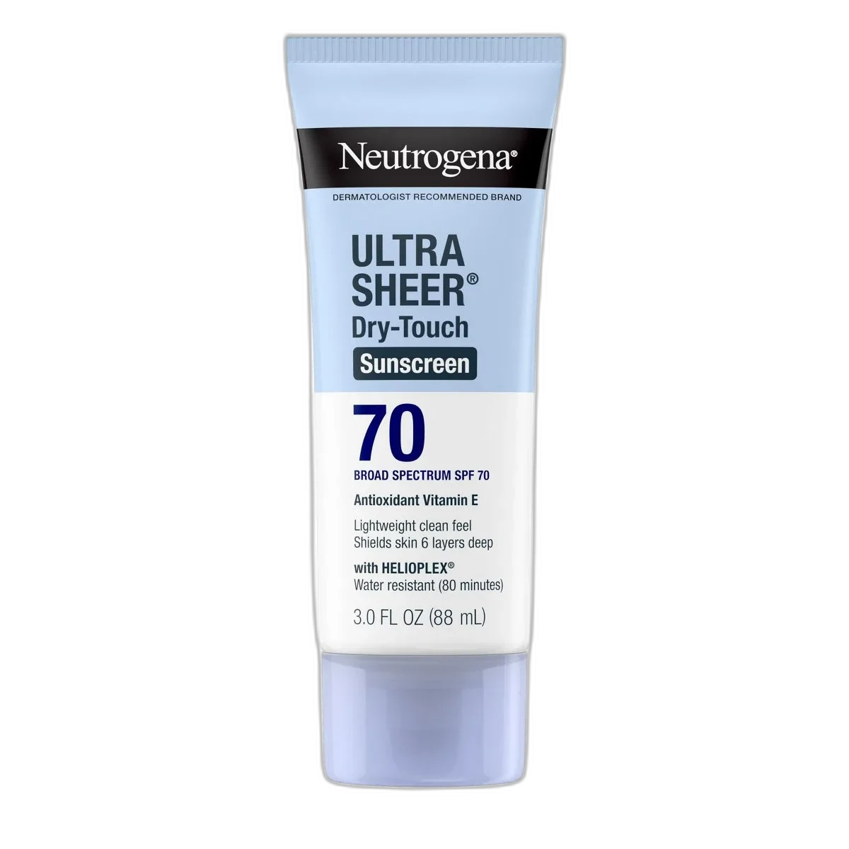 Neutrogena Ultra Sheer Dry-Touch Sunscreen SPF 70, white and blue squeeze tube