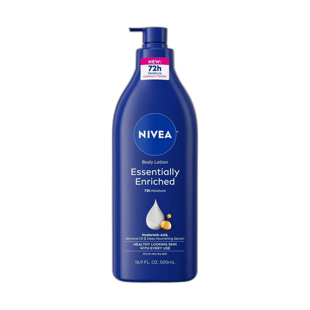Nivea Essentially Enriched Body Lotion, white pump bottle with blue branding and almond imagery