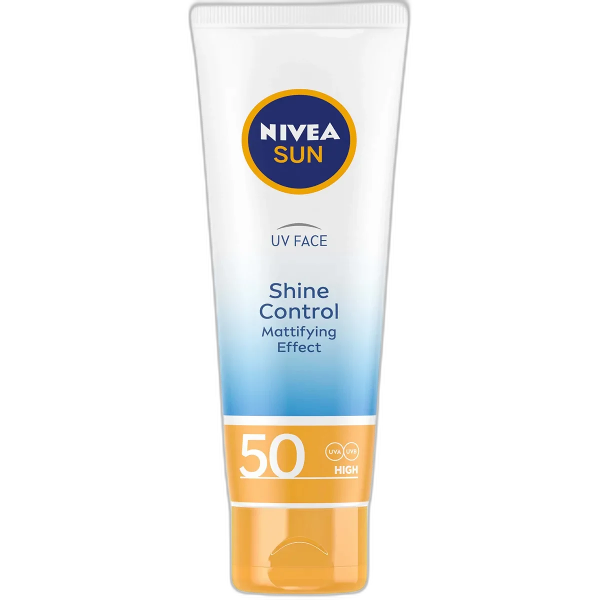 Nivea Sun UV Face Shine Control SPF 50 white tube with blue and yellow branding