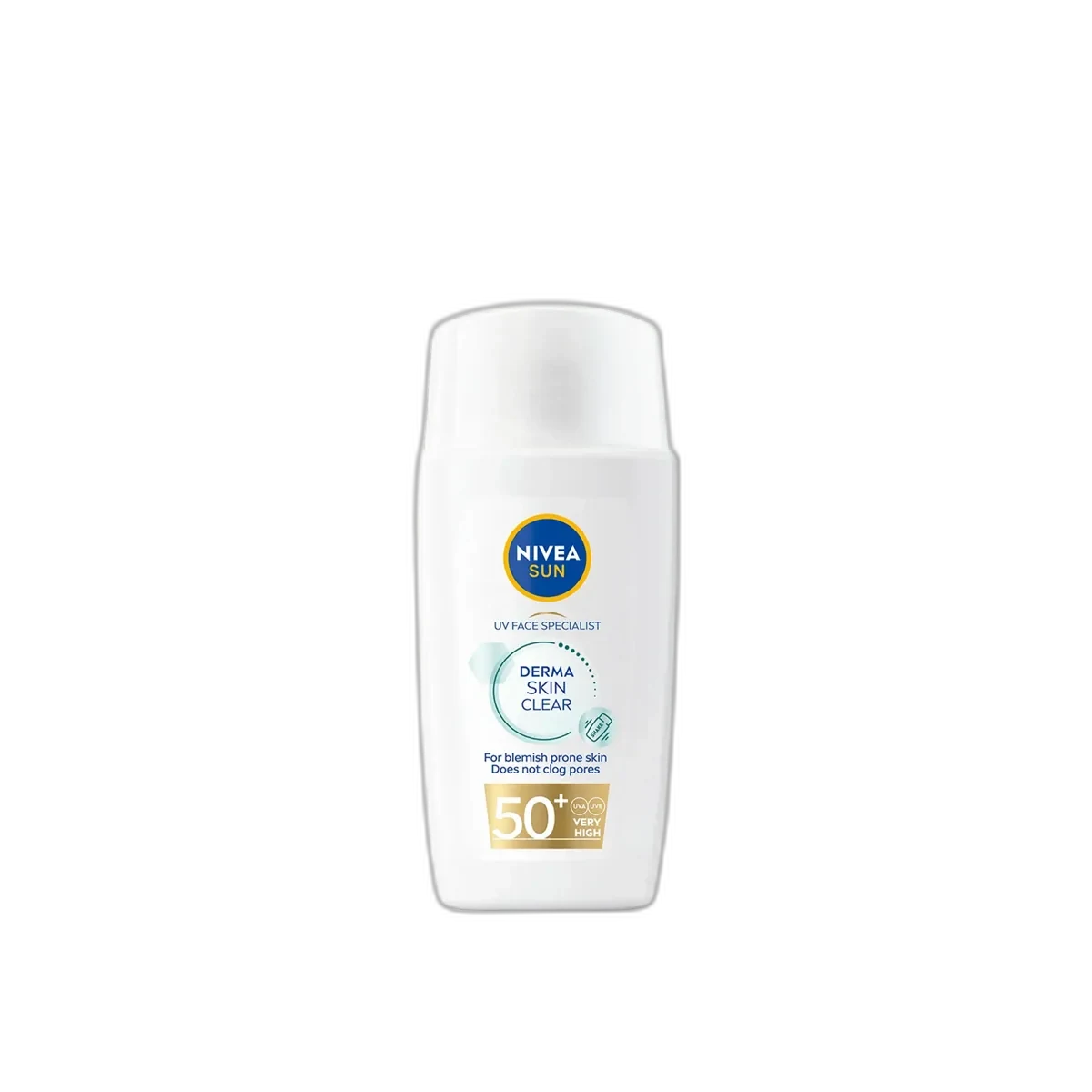 Nivea UV Face Specialist Derma Skin Clear SPF 50 40ml white tube with blue and green accents
