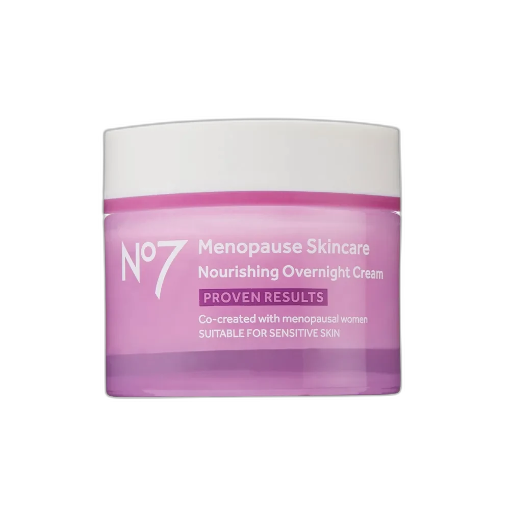 No7 Menopause Skincare Protect & Hydrate Day Cream SPF 30 in mauve and gold jar packaging