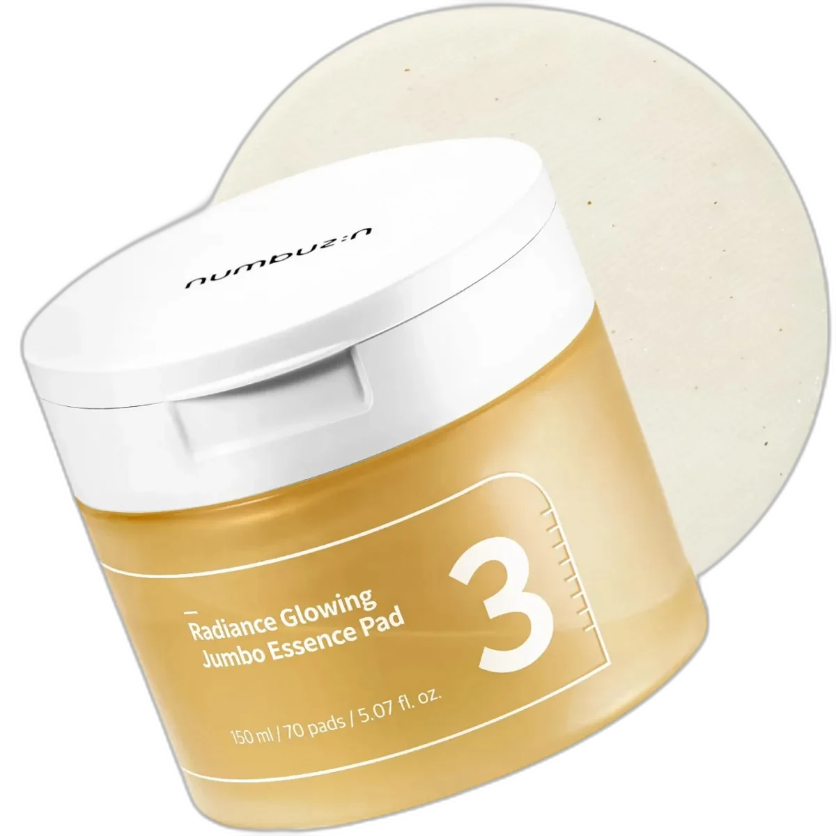 Numbuzin No. 3 Radiance Glowing Jumbo Essence Pads jar with large cotton toner pads soaked in