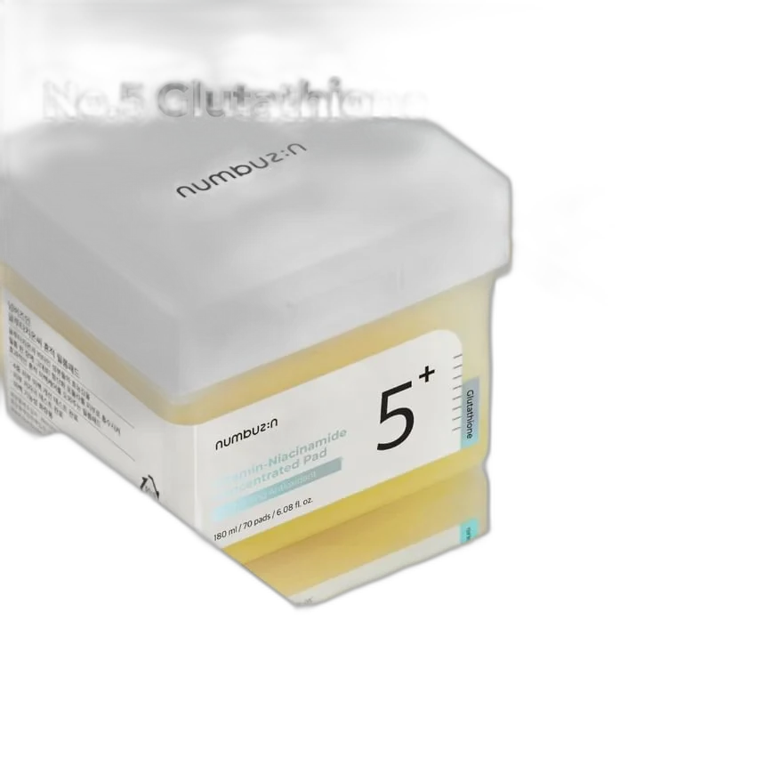 Numbuzin No. 5 Vitamin-Niacinamide Concentrated Pad in a square jar with attached tweezer lid