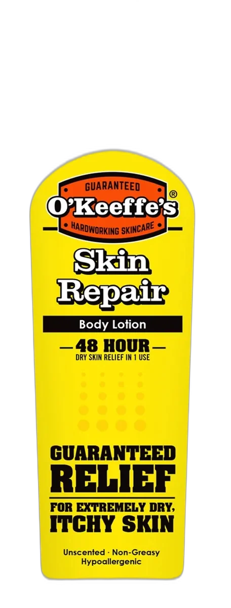 O'Keeffe's Skin Repair Body Lotion pump bottle with yellow branding
