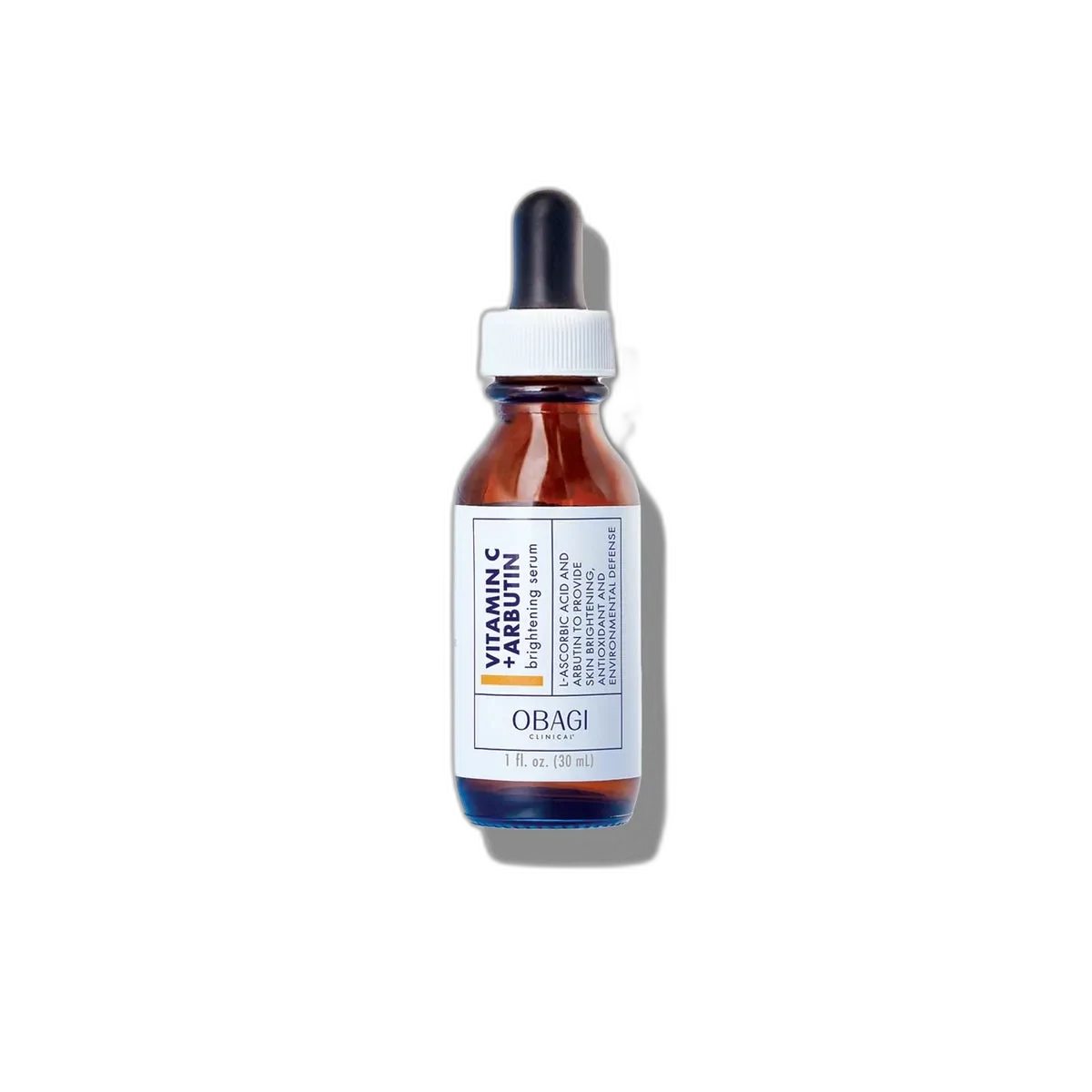 Obagi Clinical Vitamin C+ Arbutin Brightening Serum amber glass dropper bottle with white and