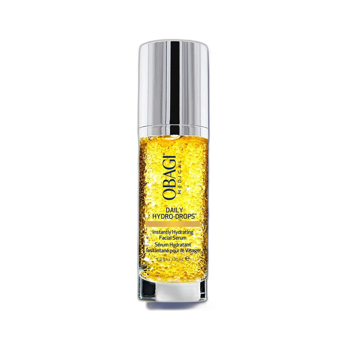 Obagi Daily Hydro-Drops Facial Serum glass bottle with visible suspended droplets and pump dispenser