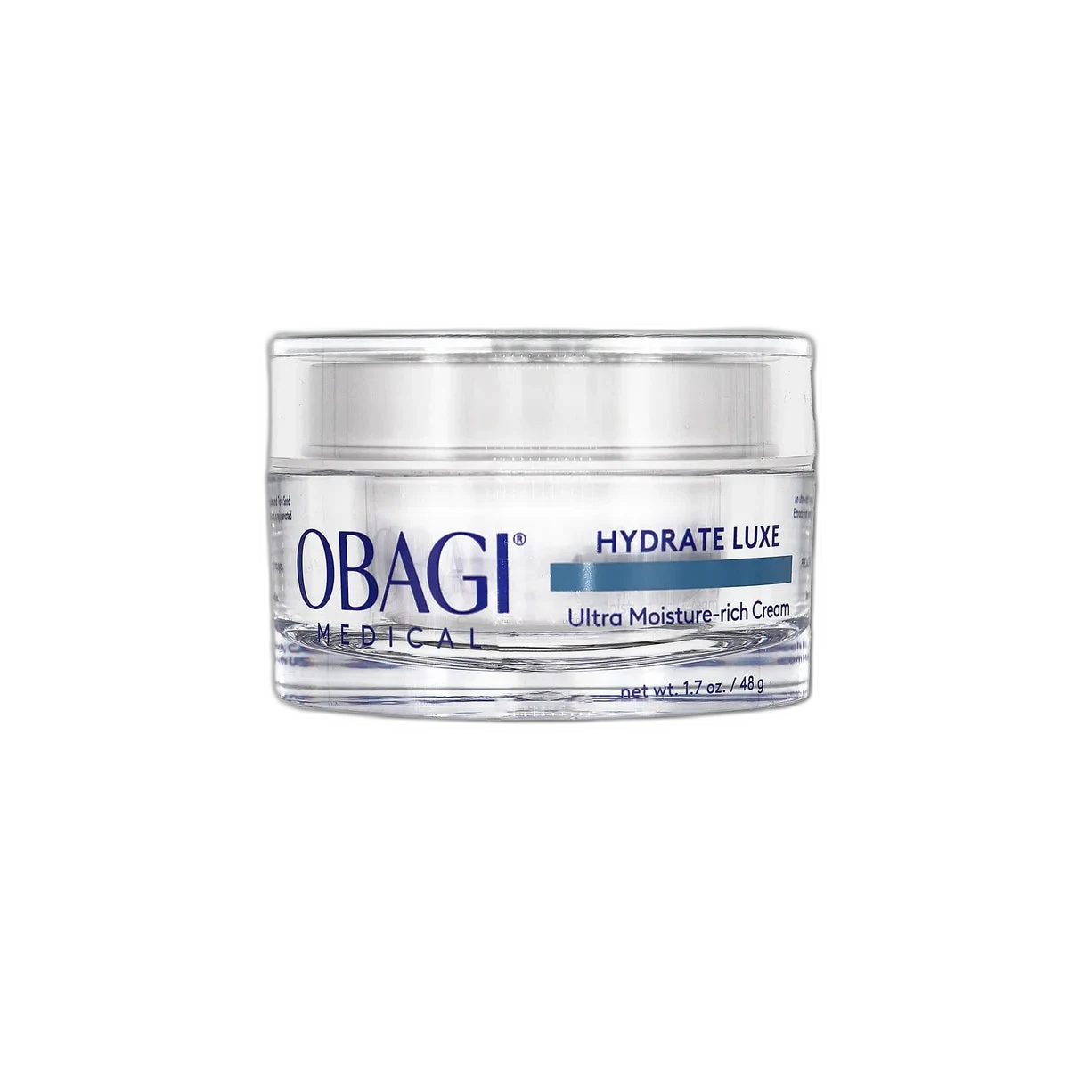 Obagi Hydrate Luxe Moisture-Rich Cream frosted glass jar with silver lid and blue Obagi branding