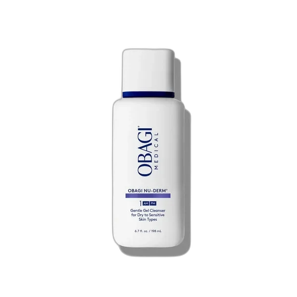 Obagi Nu-Derm Gentle Cleanser white pump bottle with blue and silver medical branding