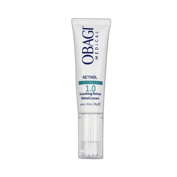 Obagi Retinol 1.0 cream tube with white and grey clinical packaging