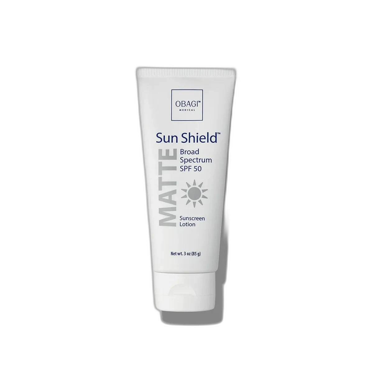 Obagi Sun Shield Matte Broad Spectrum SPF 50 sunscreen in white squeeze tube