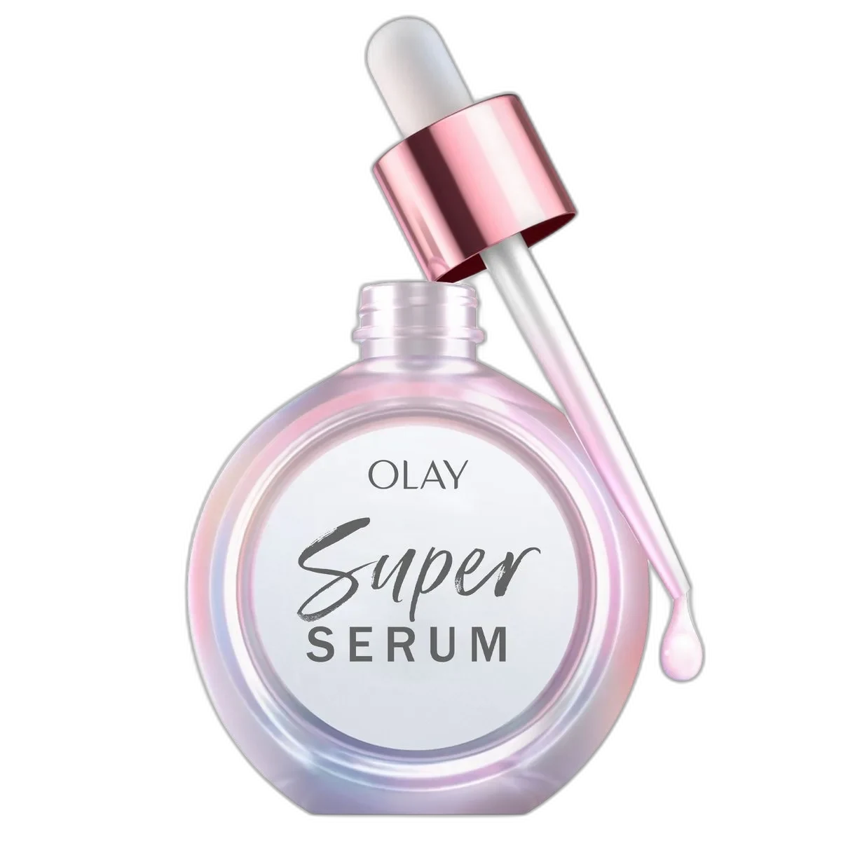Olay AHA + Vitamin C Super Serum, glass bottle with dropper applicator containing iridescent
